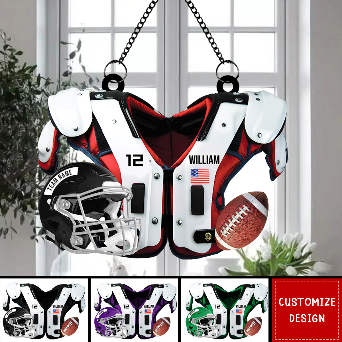 Personalized American Football Shoulder Pads And Helmet Window Hanging Suncatcher Ornament - Gift For American Football