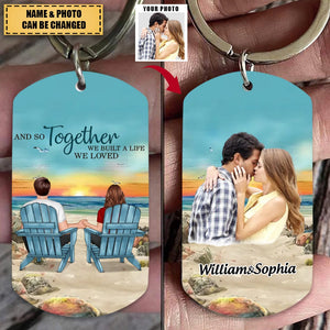 Back View Couple Sitting Beach Landscape You & Me We Got This Personalized Stainless Steel Keychain