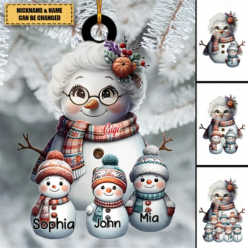 Snowman Grandma With Adorable Grandkids - Personalized Acrylic Ornament