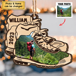 Hiking Boots Ornament - Personalized Wooden Photo Ornament