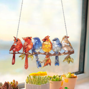 Six Little Bird on Branch - Window Hanging Suncatcher