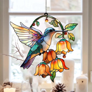 Hummingbird and Flower Suncatcher Ornament, Gift For Bird Lovers