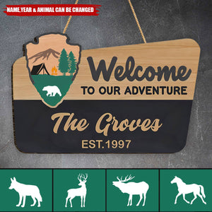 Welcome To Our Adventure Wooden Sign - Personalized 2 Layer Wooden Door Sign