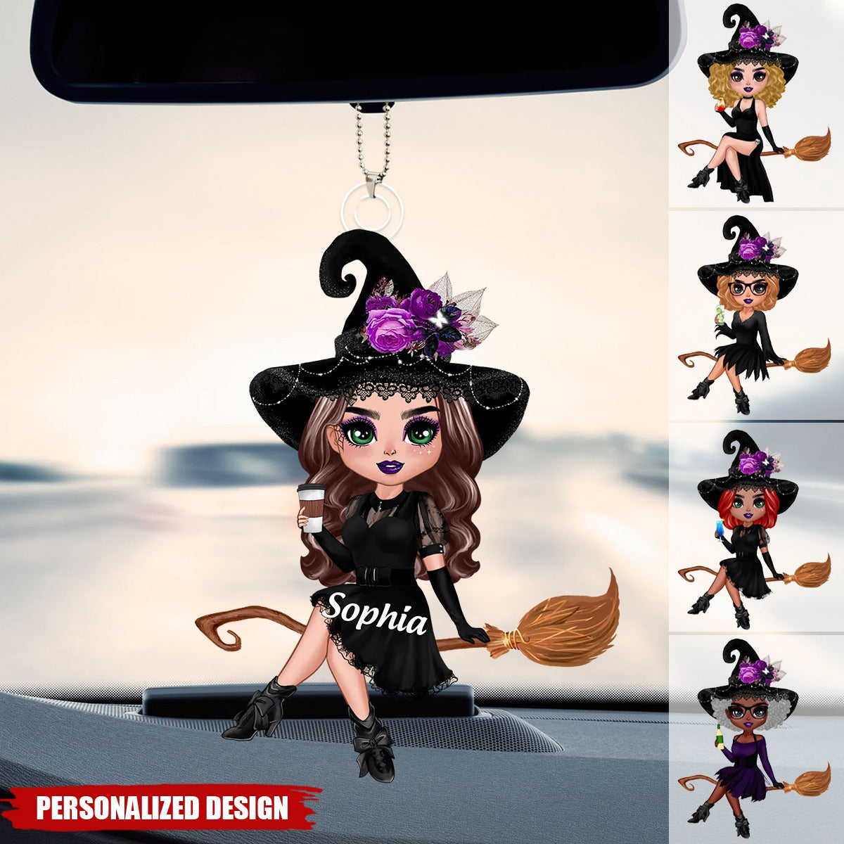 Witch Riding Broom Mystical Girl-Personalized Car Ornament-Best Personalized Halloween Gift