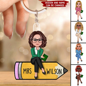 Teacher Sitting On Pencil Personalized Acrylic Keychain