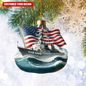 Personalized Navy Ship and Flag Christmas Ornament - 2024 New Release