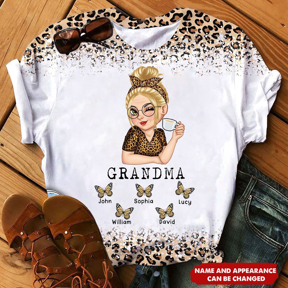 Mom Grandma Kids Butterflies Leopard Pattern - Gift For Mother, Grandmother - Personalized 3D T-shirt