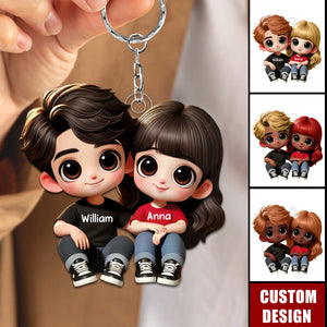 Cartoon Couple Sitting Personalized Keychain, Anniversary Gift For Wife,Husband