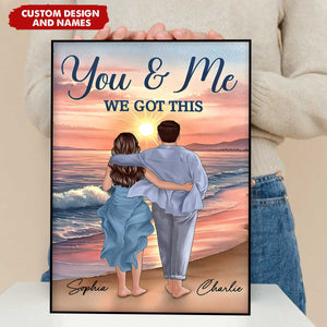 Personalized Back View Couple Embracing & Walking On The Beach Poster, Heartfelt Gift For Couple