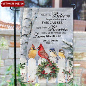 Love Never Dies - Personalized Memorial Cardinal Garden Flag