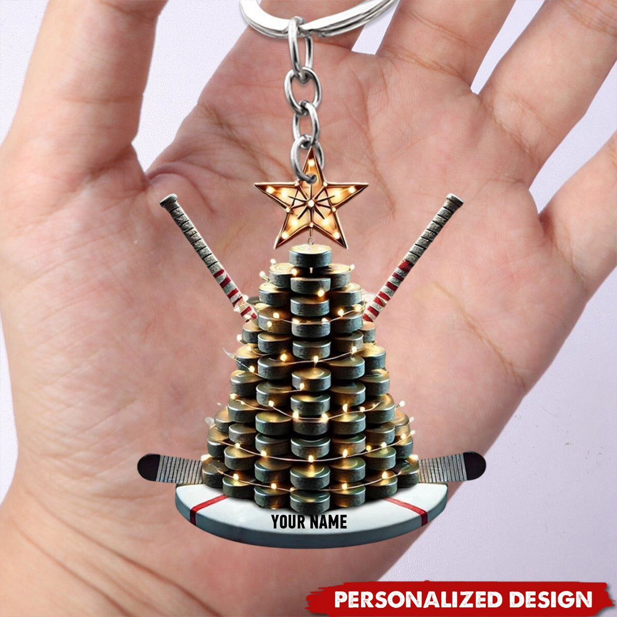 Personalized Hockey Christmas Keychain with Puck Tree and Sticks - Gift For Hockey Lovers - 2024 New Release