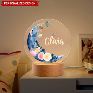 Personalized Moon Floral Pattern Nursery LED Night Light with Wooden Base Name Children's Room Decor Baby Shower Birthday Gift for Kid