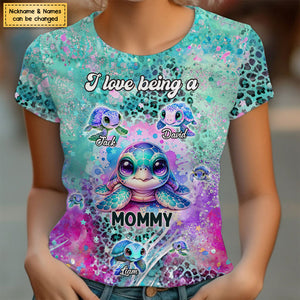 Purple Teal Leopard Sea Turtle Nana Auntie Mom Kids, I Love Being A Grandma Personalized 3D T-shirt