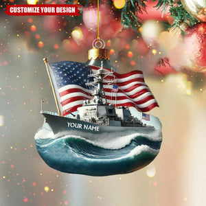 Personalized Navy Ship and Flag Christmas Ornament - 2024 New Release