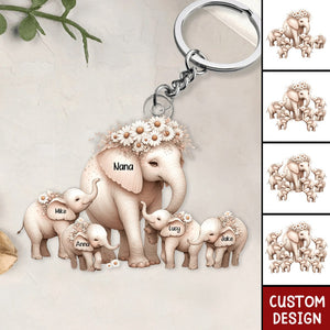 Mama Elephant With Little Kids Personalized Acrylic Keychain - Mother's Day Gift