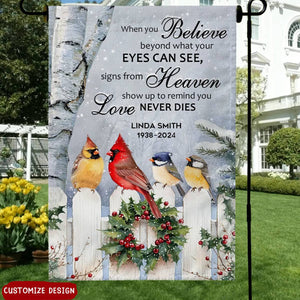 Love Never Dies - Personalized Memorial Cardinal Garden Flag