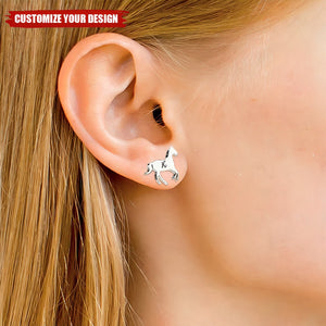 Personalized Sterling Silver Little Galloping Horse Stud Earrings with Engraved Initial Birthday Anniversary Gift for Horse Lover