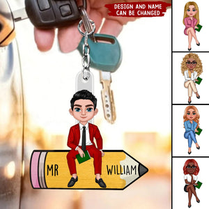 Teacher Sitting On Pencil Personalized Acrylic Keychain