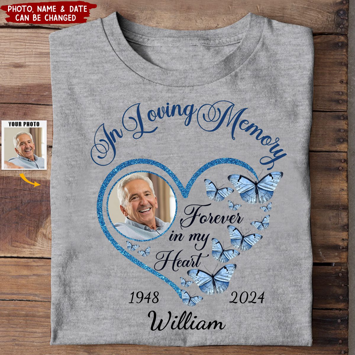 In Loving Memory Sparkling Heart Memorial Butterflies Personalized T-s ...