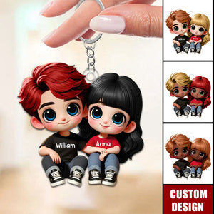 Cartoon Couple Sitting Personalized Keychain, Anniversary Gift For Wife,Husband