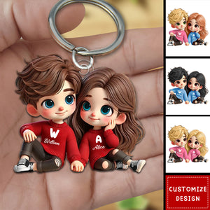 Cute Couple Sitting Together Personalized Keychain, Anniversary Gift For Wife,Husband