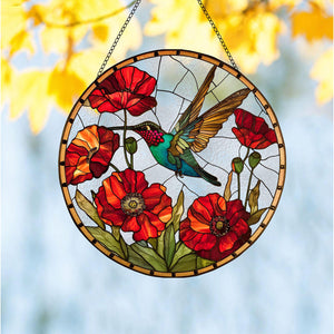 Hummingbird Poppy Flower Window Hanging Suncatcher Ornament Gift For Bird Lovers