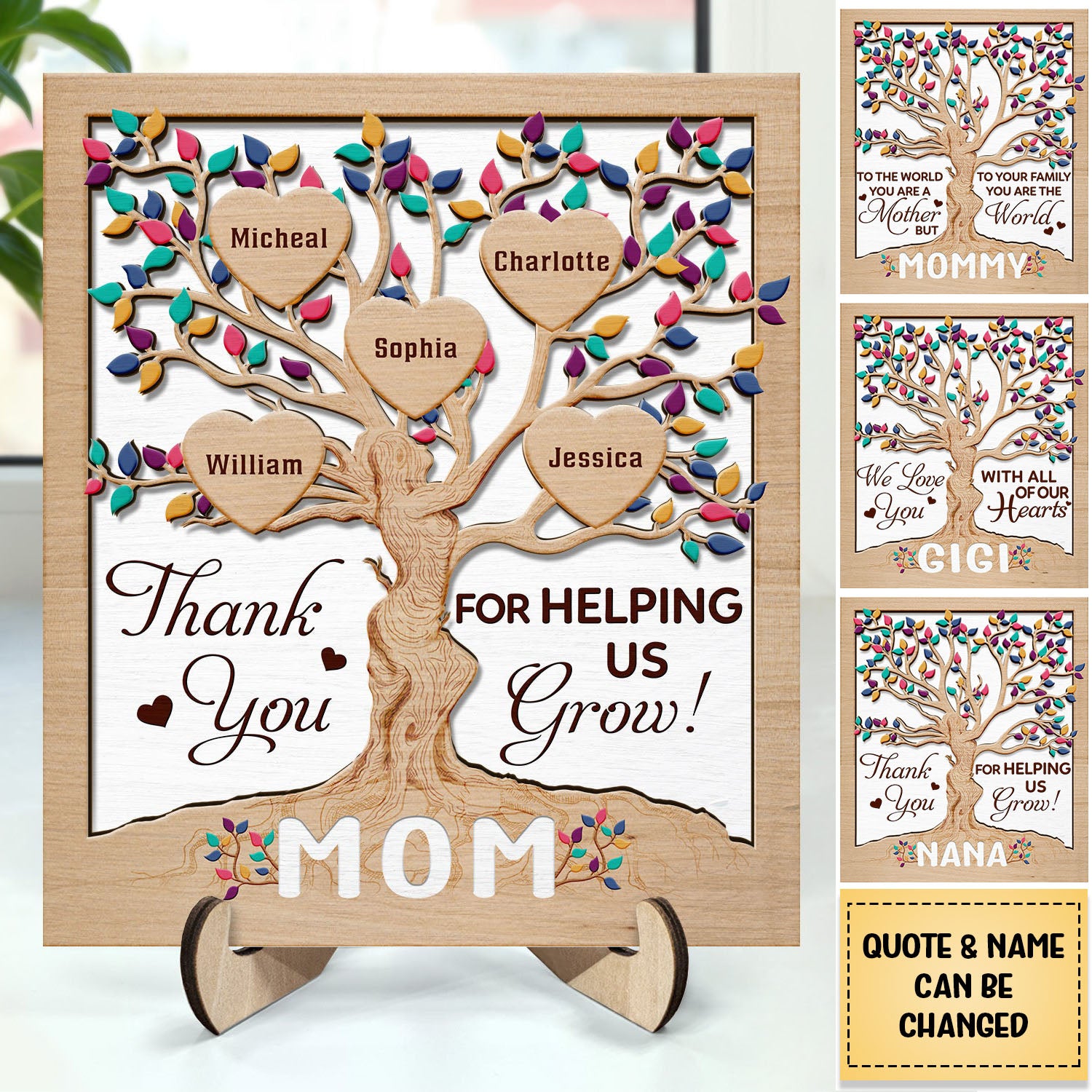 Heart Tree Mom - Personalized 2-Layered Wooden Plaque With Stand - Gift For Mother, Grandma, Auntie