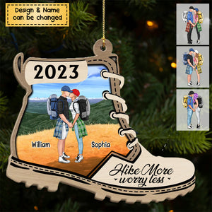 Hike More Worry Less- Personalized Hiking Kissing Couples Christmas Wooden Ornament, For Hiking Lovers