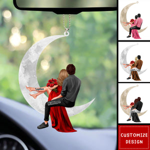 Couple sitting on the moon Personalized Acrylic Car Ornaments - Gift For Wife,Husband,Anniversary