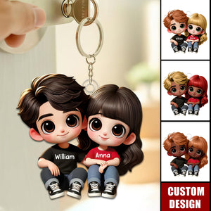 Cartoon Couple Sitting Personalized Keychain, Anniversary Gift For Wife,Husband