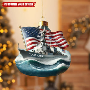 Personalized Navy Ship and Flag Christmas Ornament - 2024 New Release