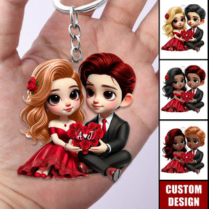 Romantic Valentine Couple Roses Personalized Keychain, Anniversary Gift for Couple