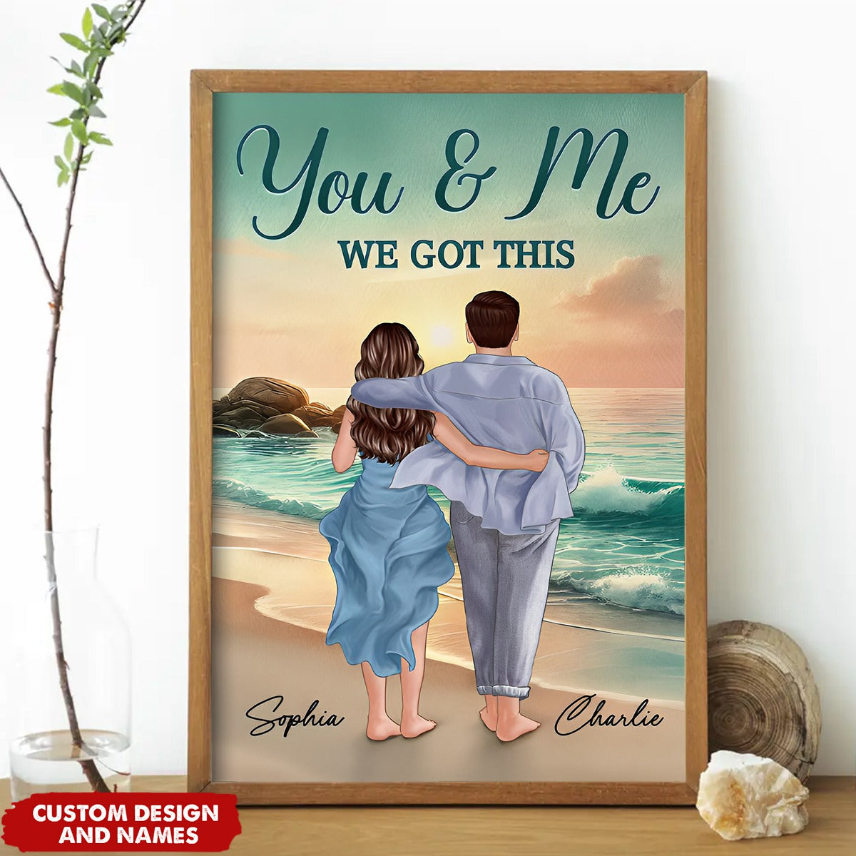 Personalized Back View Couple Embracing & Walking On The Beach Poster, Heartfelt Gift For Couple