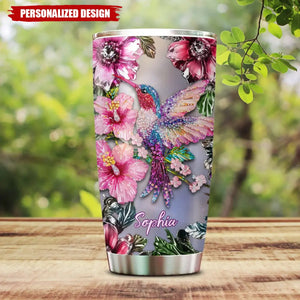 Sparkling Floral Hummingbird-Personalized Tumbler-Gift For Family,Friends