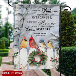 Love Never Dies - Personalized Memorial Cardinal Garden Flag