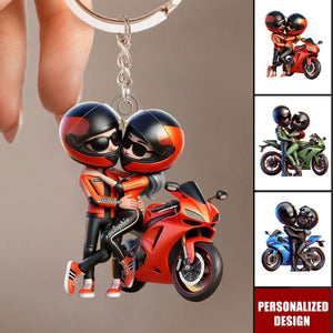 Motorcycle Pretty Cartoon Couple-Personalized Keychain-Anniversary Birthday Gift For Him, For Biker Couple