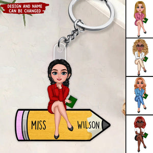 Teacher Sitting On Pencil Personalized Acrylic Keychain