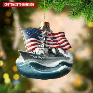 Personalized Navy Ship and Flag Christmas Ornament - 2024 New Release