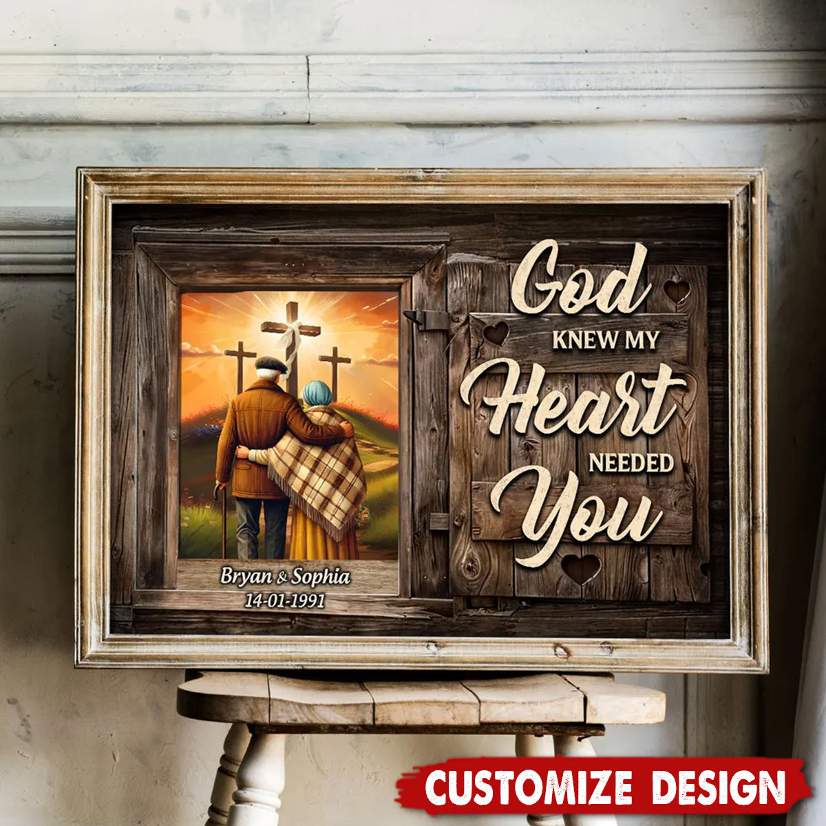 Cross God Knew My Heart Needed You Old Couple Walking Hugging Personalized Poster-Gift For Couples Anniversary