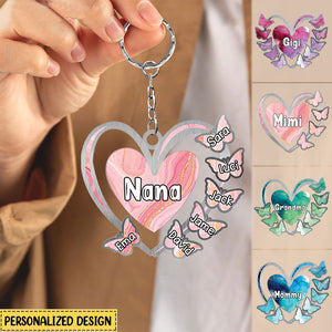 Grandma, Mom, Nana Heart Butterfly Kids- Personalized Acrylic Keychain