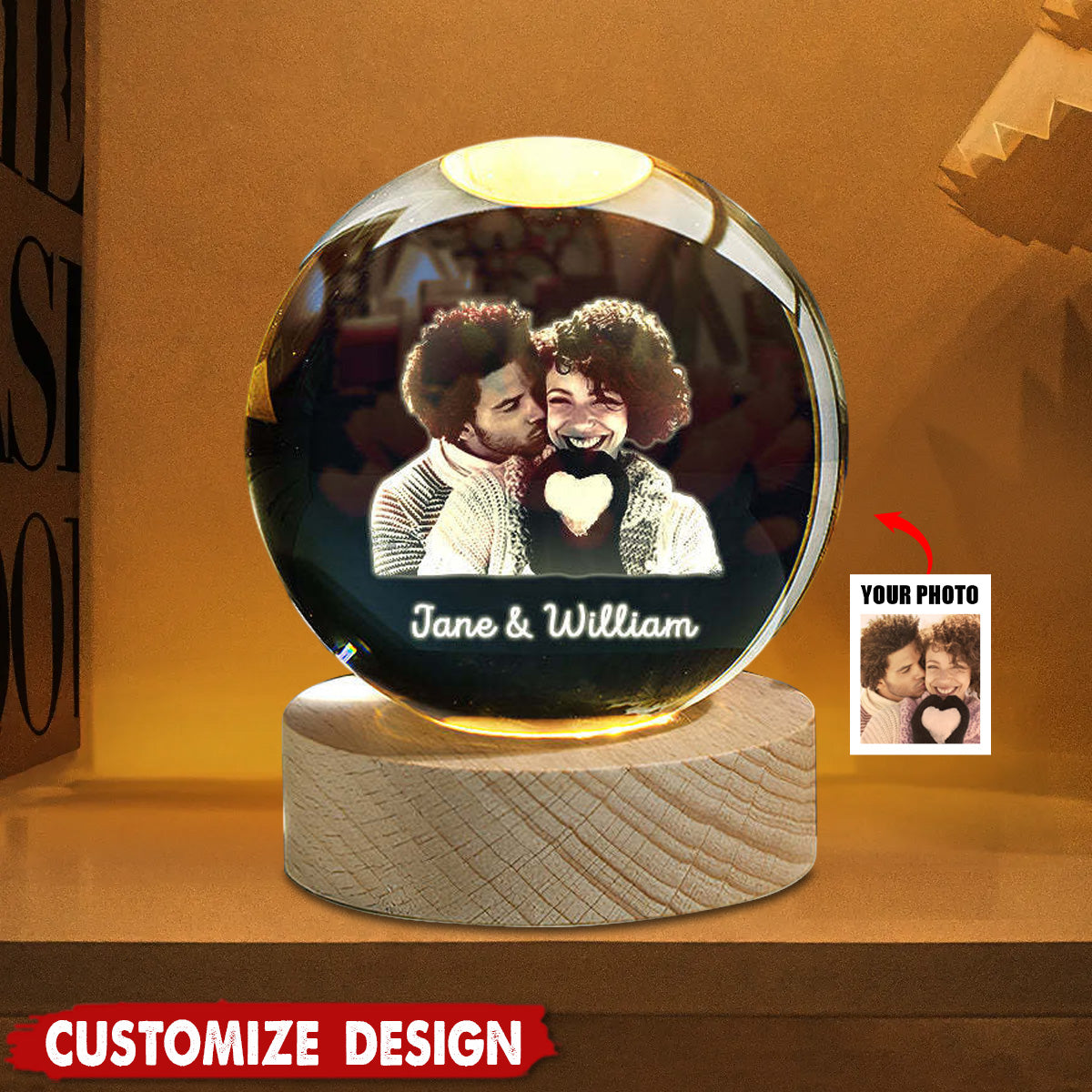 Snow Globe Night Light, Personalized 2D Crystal Ball, Engraved Glass Photo Snow Globe-Gift For Couple