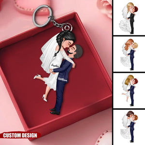 Groom & Bride Hugging Kissing Couple Personalized Keychain, Anniversary Gift For Couple