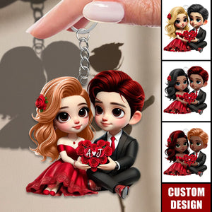 Romantic Valentine Couple Roses Personalized Keychain, Anniversary Gift for Couple