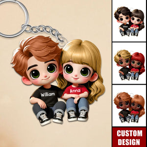 Cartoon Couple Sitting Personalized Keychain, Anniversary Gift For Wife,Husband