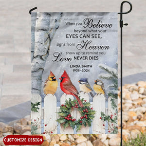 Love Never Dies - Personalized Memorial Cardinal Garden Flag