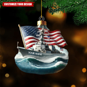 Personalized Navy Ship and Flag Christmas Ornament - 2024 New Release