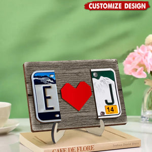 Personalized License Plate Initials Couple with Red Heart Wooden Plaque - Gift For Couple