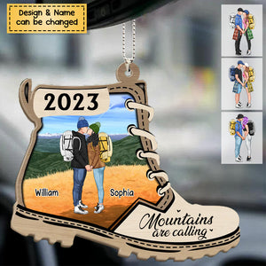 Hike More Worry Less- Personalized Hiking Kissing Couples Christmas Wooden Ornament, For Hiking Lovers