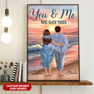 Personalized Back View Couple Embracing & Walking On The Beach Poster, Heartfelt Gift For Couple