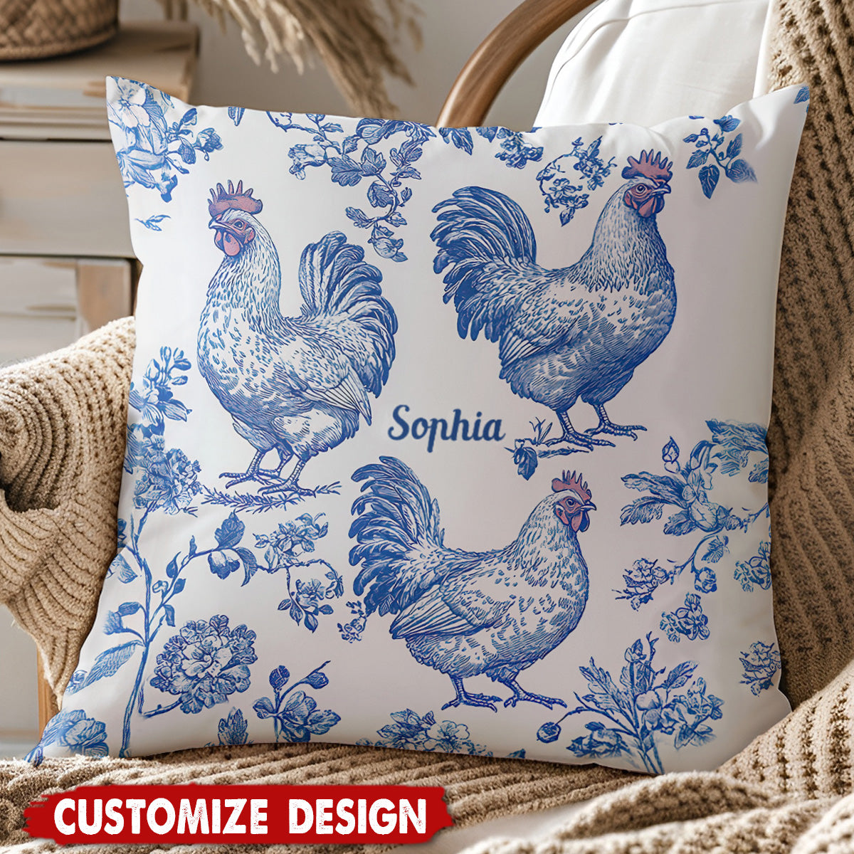 Chicken Toile de Jouy - Personalized Chicken Art Pillow